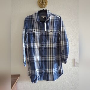 OUTERKNOWN Women's Blanket Shirt Dress Organic Cotton Twill Blue White Plaid S